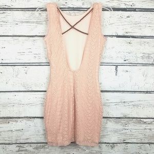 Dusty rose lace crisscrossed back mini dress
